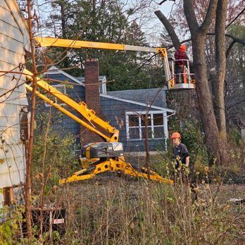 A man is cutting a tree with a crane in front of a house.