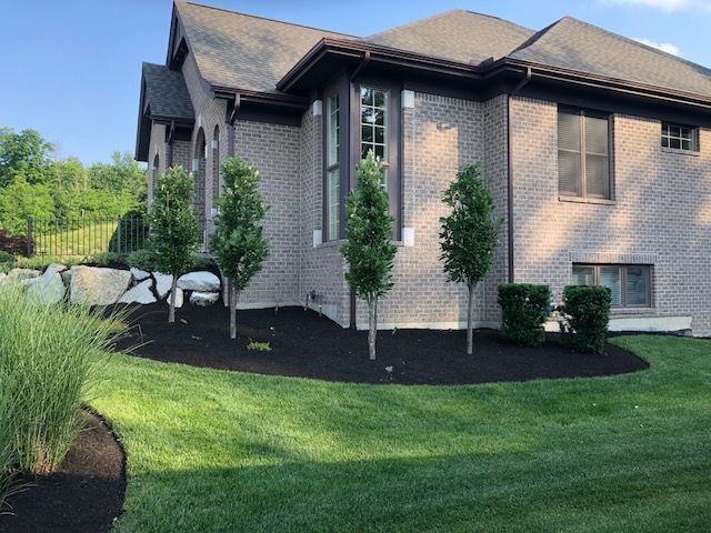 Brick house with landscaped lawn, trees, and dark mulch.