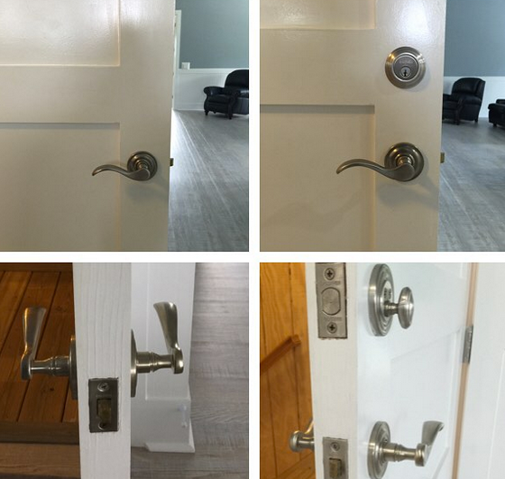 Collage of four close-up views of door locks and handles on white and wooden doors.