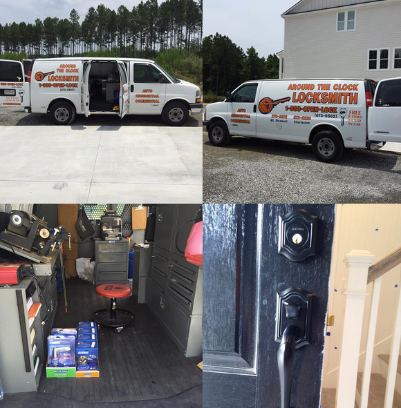 Collage of a white locksmith van and its interior, showing tools and a door lock close-up