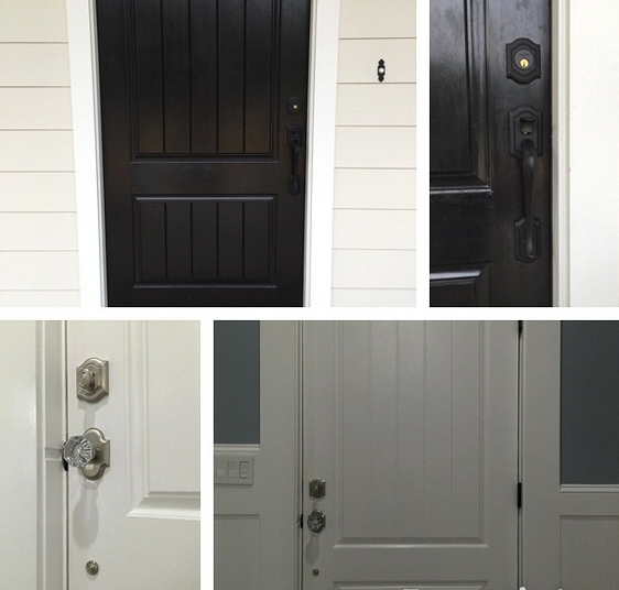 Collage of three front doors with different handle and lock styles, including black and white doors.