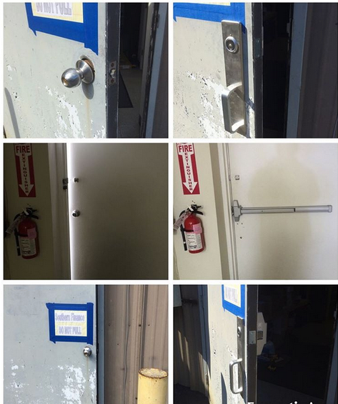 Collage of blue doors showing door hardware fixes, including a push bar and knob with a nearby fire extinguisher.