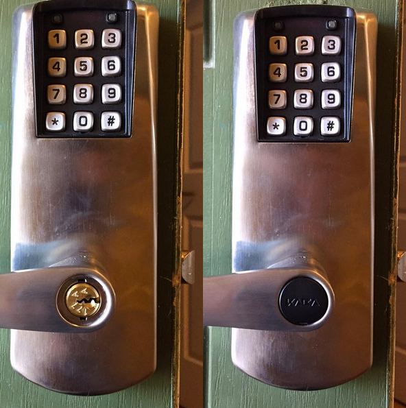 Two electronic door locks with keypad keypads on a metal door.