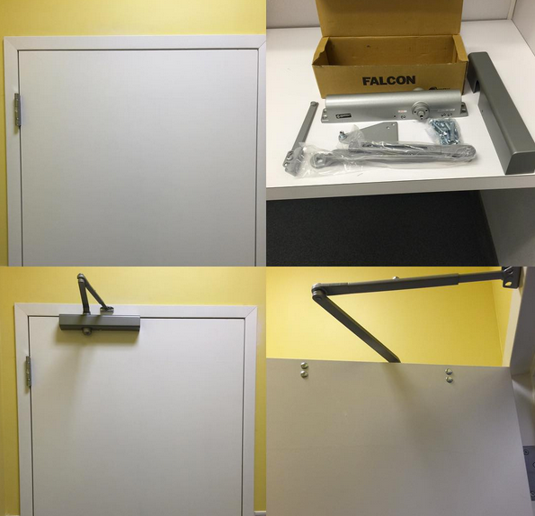 Collage of a white cabinet door and a black foldable shelf bracket with hardware on a yellow wall.