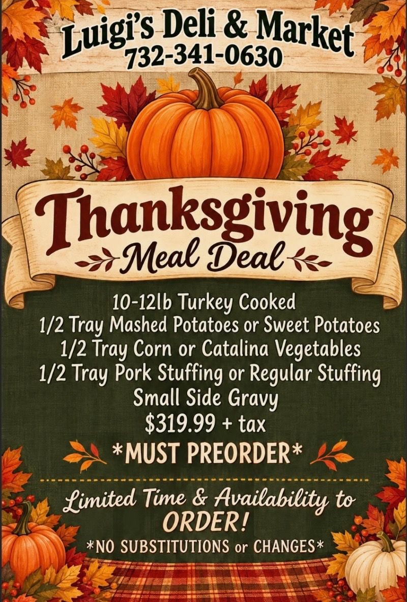 Holiday menu with pick 5 trays. Includes garden salad & rolls. Lists dishes like chicken, pasta, and vegetables.