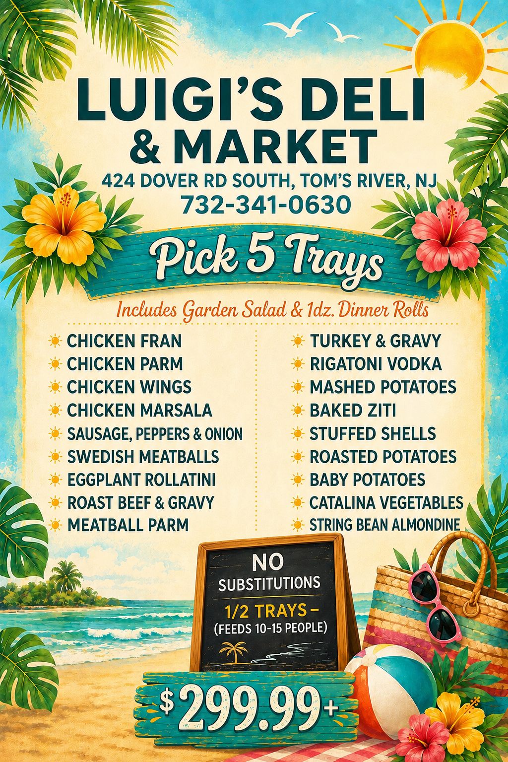 Holiday menu with pick 5 trays. Includes garden salad & rolls. Lists dishes like chicken, pasta, and vegetables.