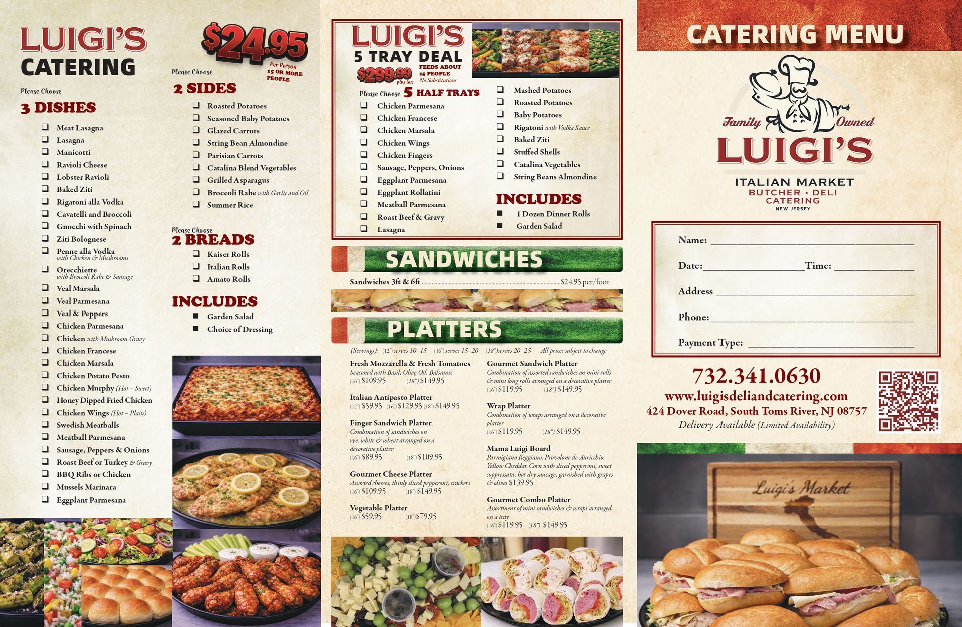 Luigi’s Catering menu brochure with sandwich and platter photos, prices, and contact info on a tan background