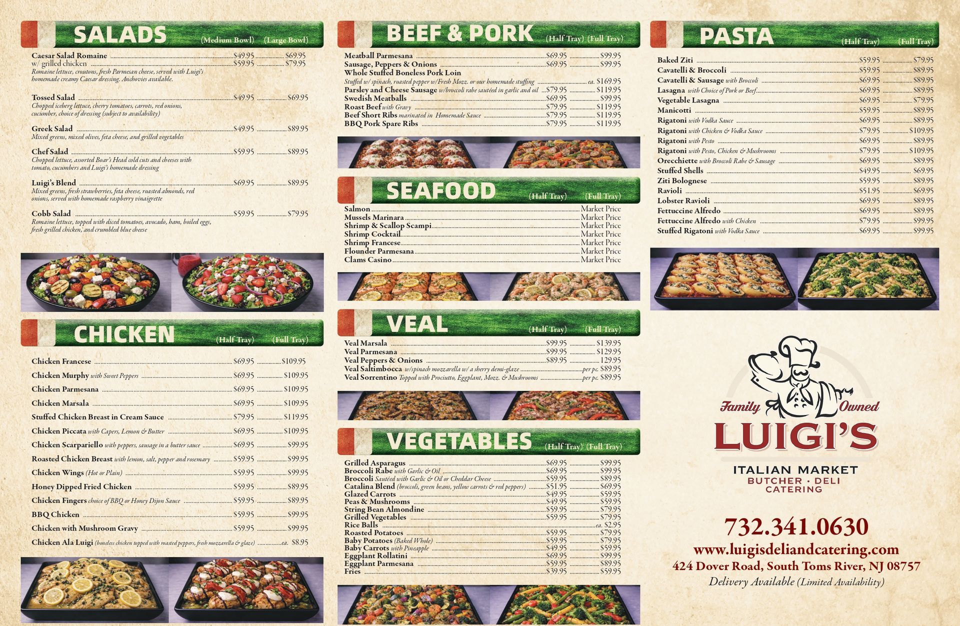 Luigi’s restaurant menu with sections for salads, beef, pasta, seafood, chicken, veal, and vegetables.