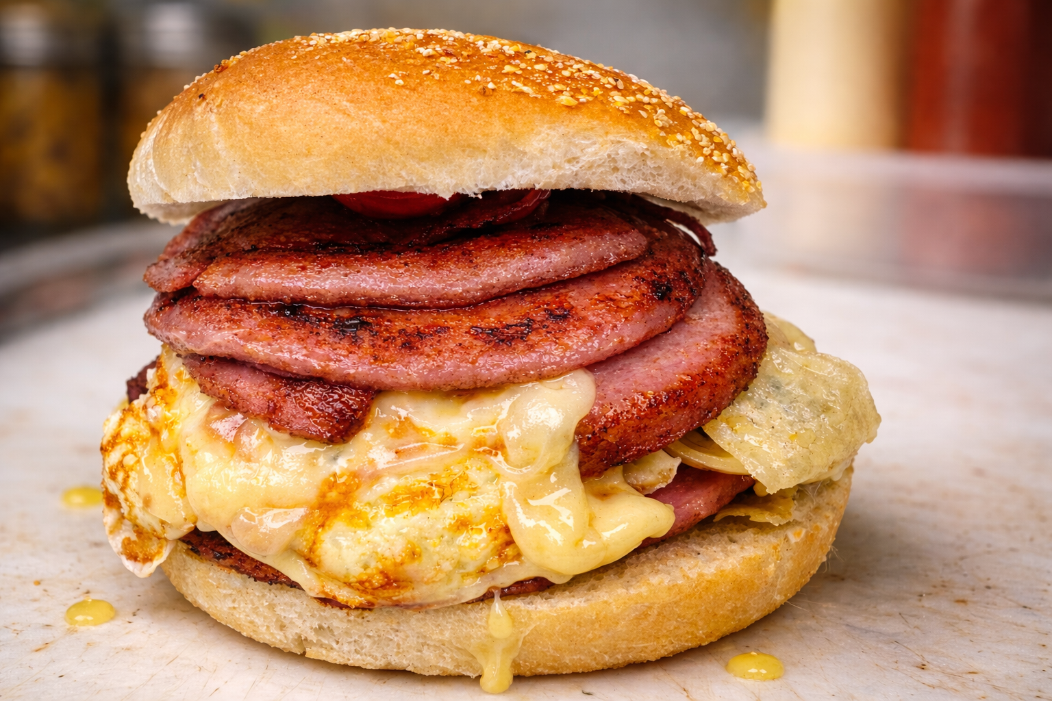 English muffins with fried egg, cheese, and ham.