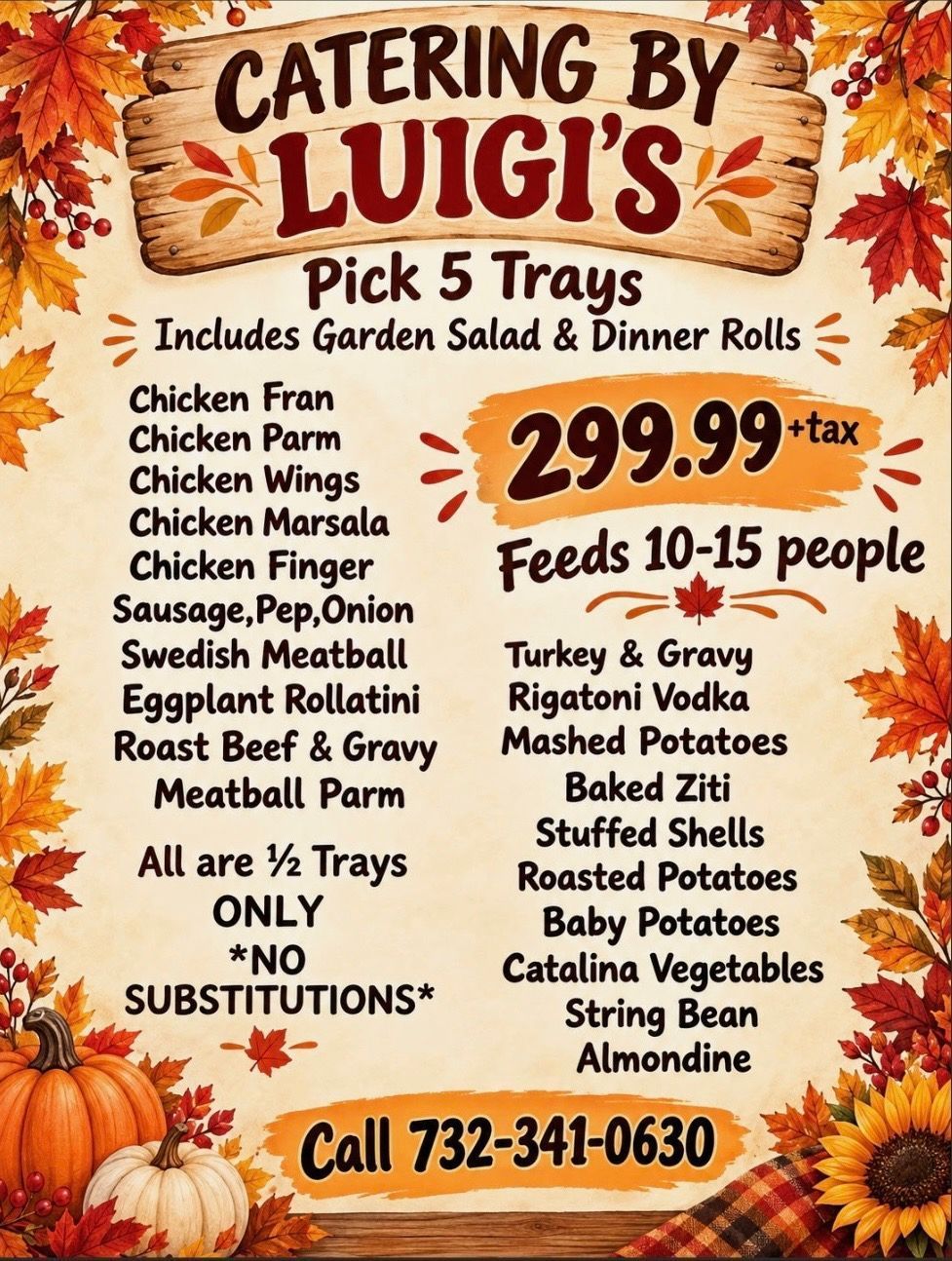 Luigi's Deli menu: Pick 5 trays for $299.99, featuring various dishes