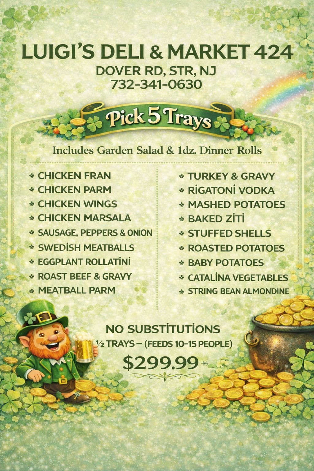 Holiday menu with pick 5 trays. Includes garden salad & rolls. Lists dishes like chicken, pasta, and vegetables.