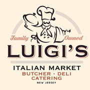 Luigi's Italian Market logo: Chef holding a dish. Text: "Family Owned" above "Luigi's," "Italian Market," and services in NJ.