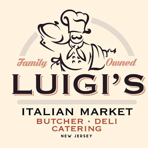 Luigi's Italian Market logo: Chef holding a dish. Text: "Family Owned" above "Luigi's," "Italian Market," and services in NJ.