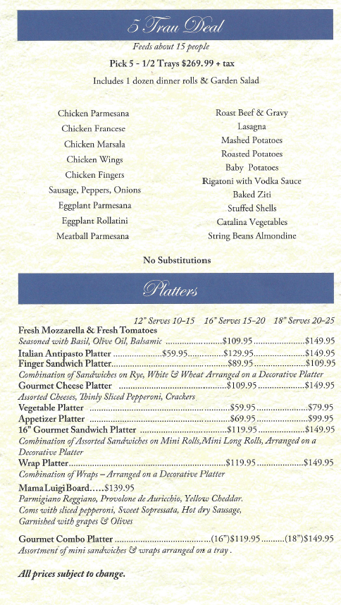 Menu with catering options including entrees, sides, and a la carte platters.