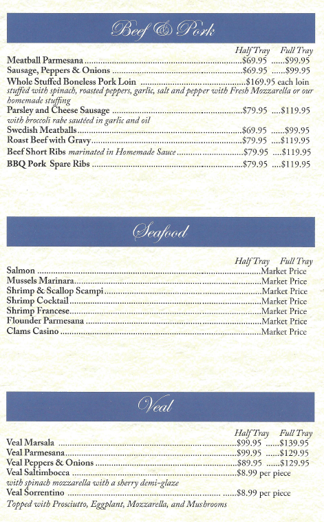 Menu displaying options for Beef & Pork, Seafood, and Veal with prices for half and full trays.