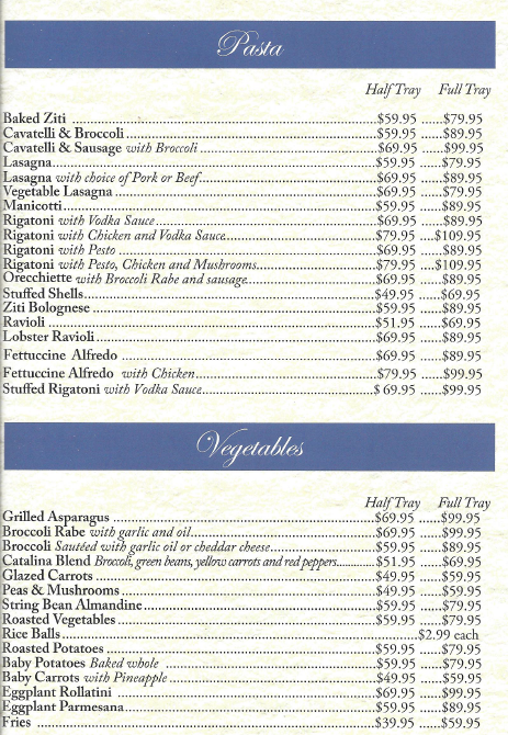 Menu listing pasta and vegetables with prices for half and full trays.