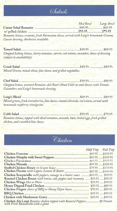 Menu of salads and chicken dishes with prices.