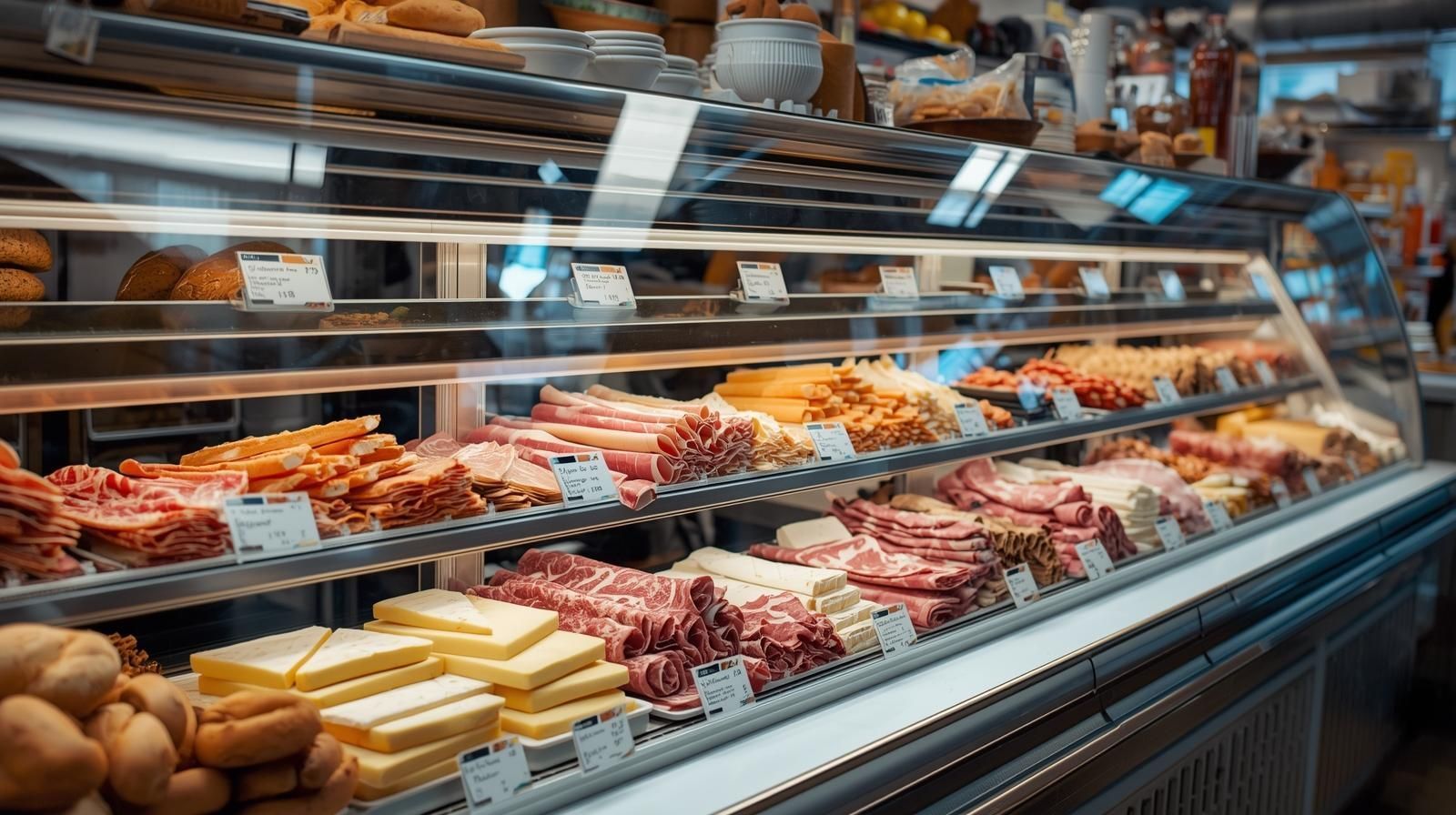 Deli display case with various meats and cheeses.