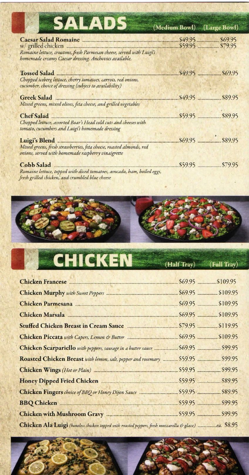 Restaurant menu page with green salad and chicken sections, featuring dish names and prices.