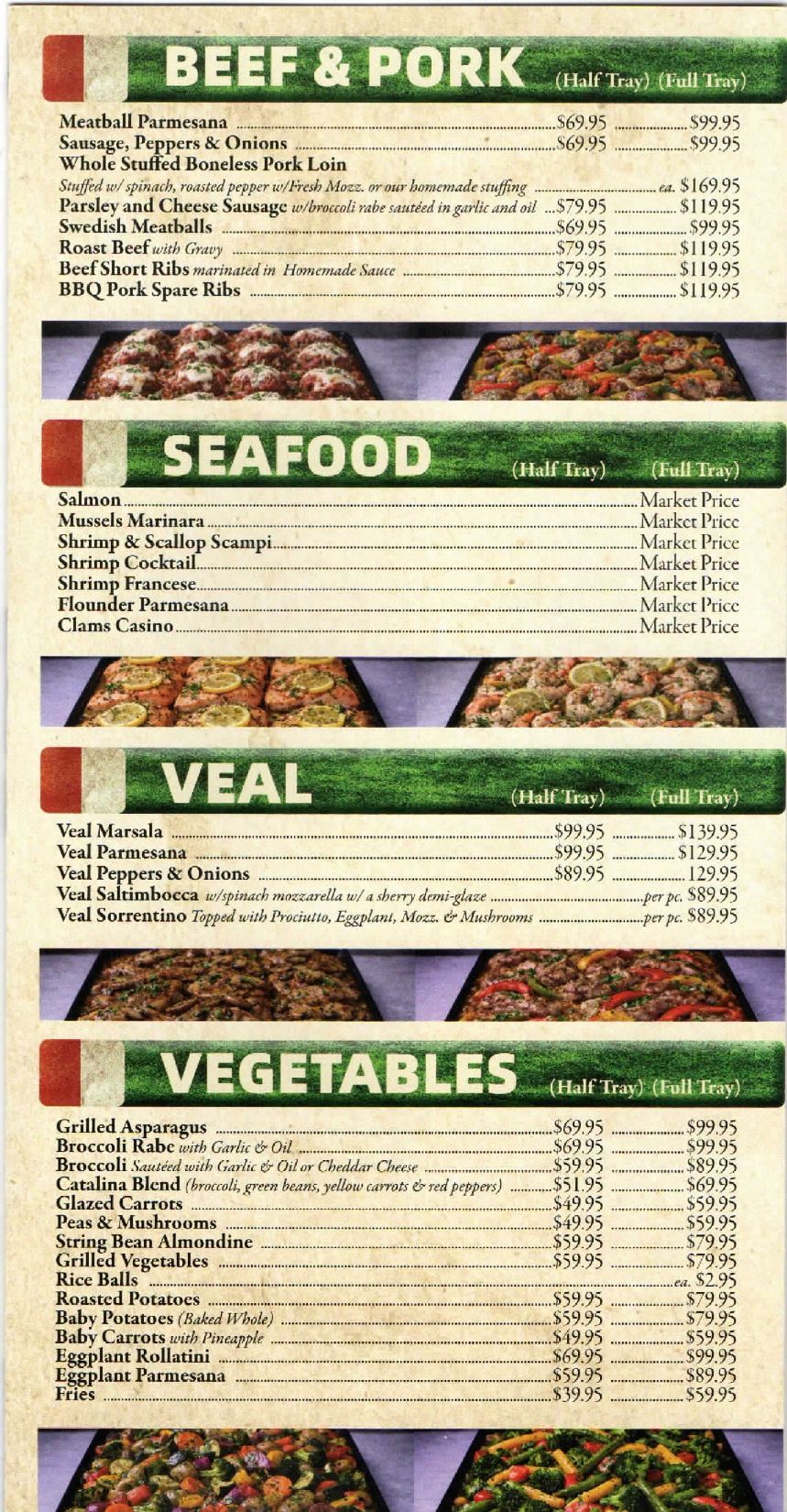 Menu board with green section headers listing beef & pork, seafood, veal, and vegetables.