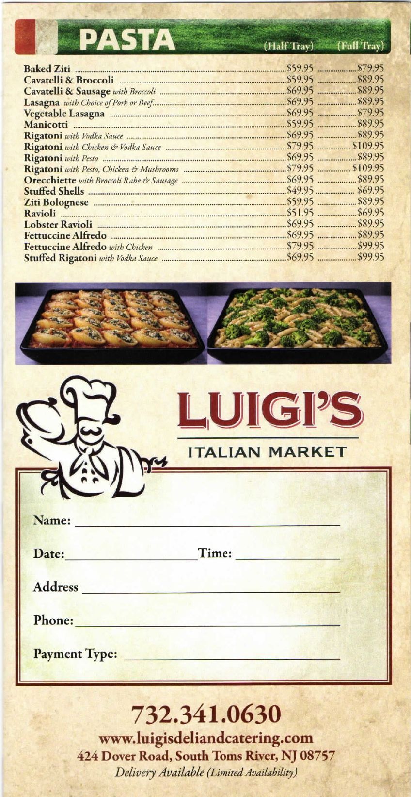 Luigi’s Italian Market menu flyer with pasta prices, food photos, and an order form at the bottom