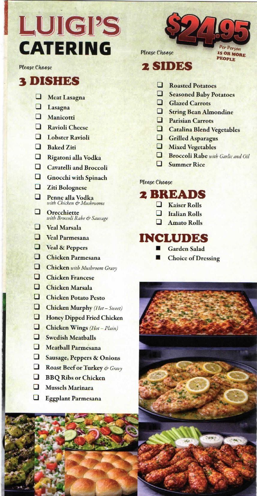 Luigi’s Catering menu flyer with dishes, sides, breads, price, and photos of pasta, pizza, wings, and skewers