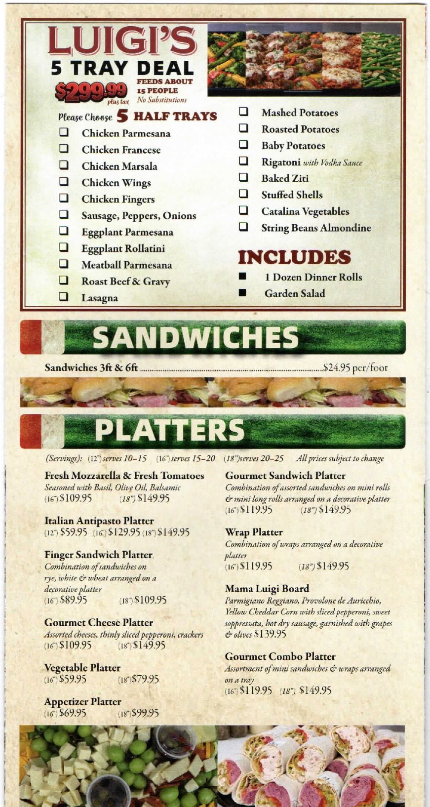 Luigi’s restaurant menu with sandwich and platter sections on a beige and green background