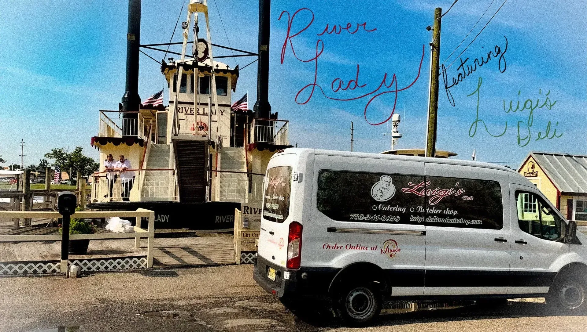 White van parked near a riverboat. River Lodge Restaurant sign is on the boat.