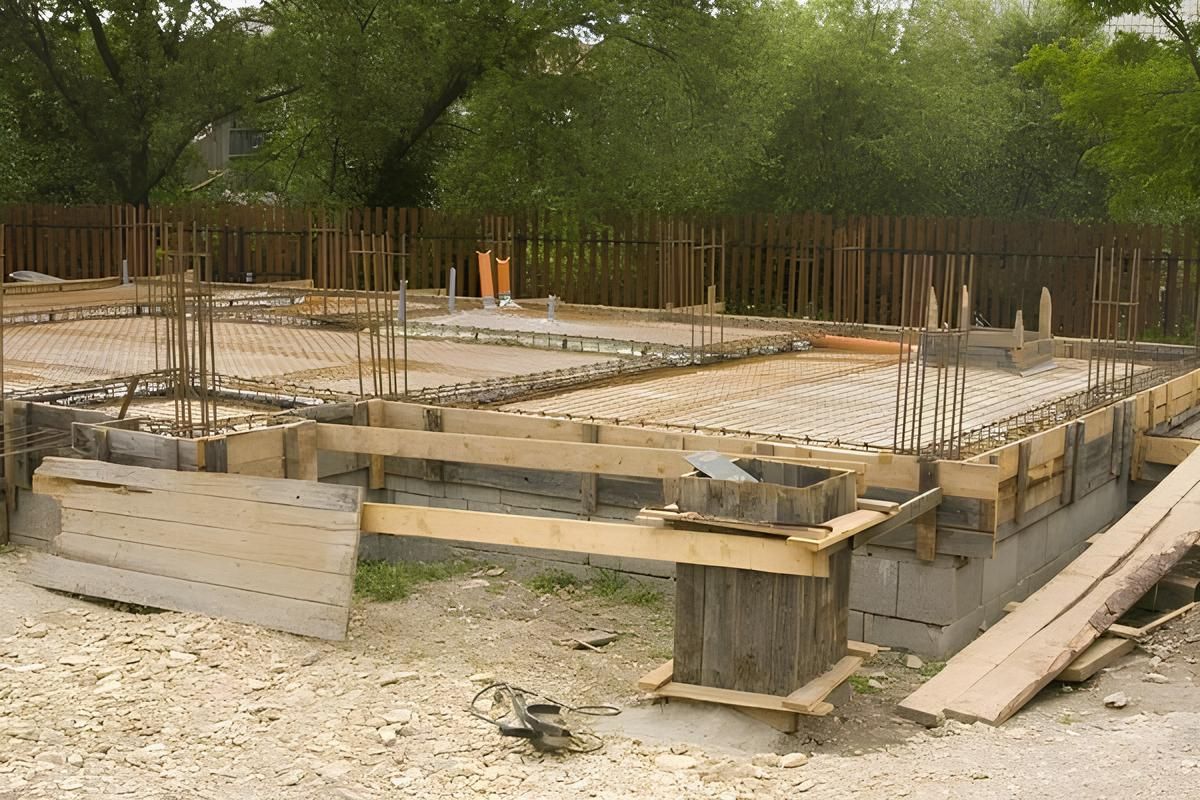 Construction site: concrete foundation with wooden forms, rebar, and pipes.