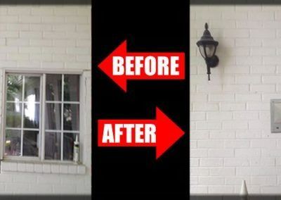 Comparison: Before and after of white brick wall. Before has a window, after has a wall lamp.