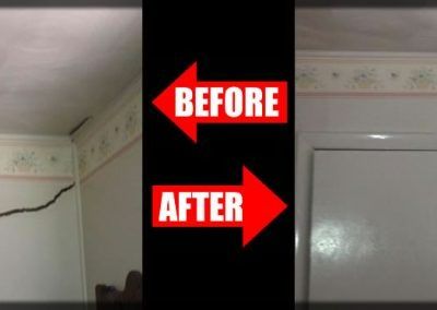 Before and after comparison of a wall. The before shows a crack; the after shows the wall repaired and painted.