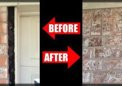 Before-and-after of a brick wall, showcasing the cleaning of dark staining next to a white door.