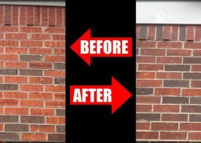 Before and after view of brick wall cleaned, highlighting color difference after treatment.