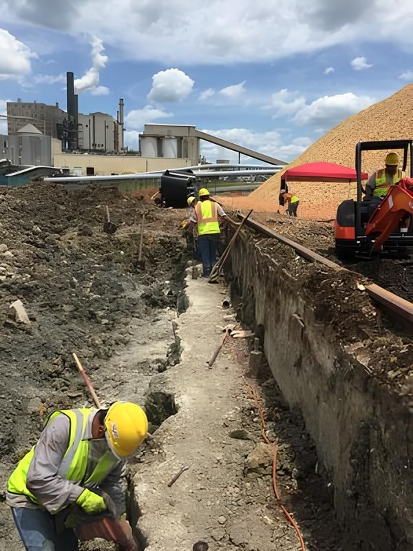 Workers in safety vests and hard hats excavating a trench near an industrial building, under a cloudy sky.