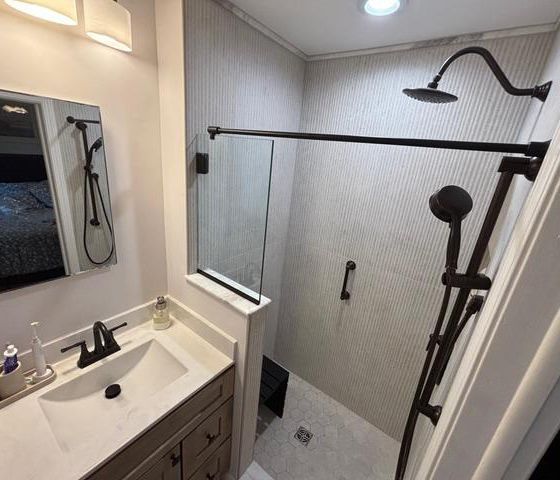 A bathroom with a sink and a walk in shower