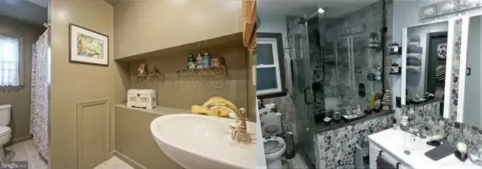 A before and after photo of a bathroom with a sink and a toilet.