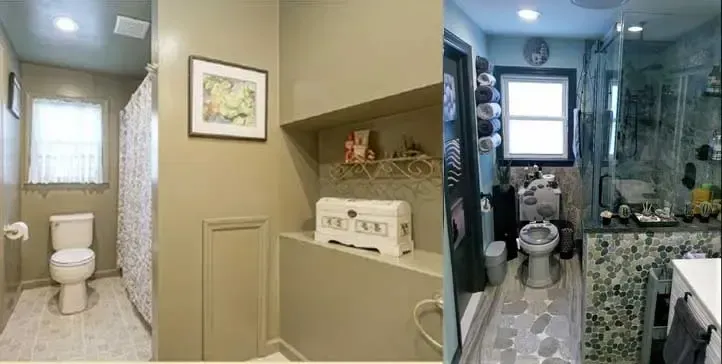 A before and after photo of a bathroom with a toilet and a shower.