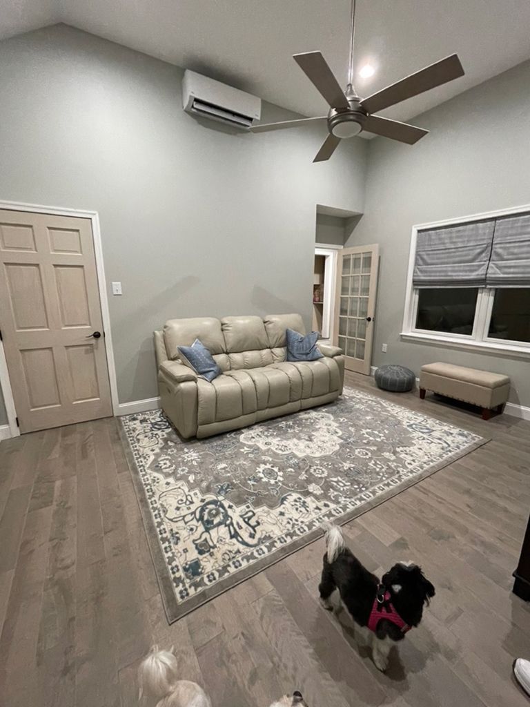 A living room with a couch , rug , and ceiling fan.