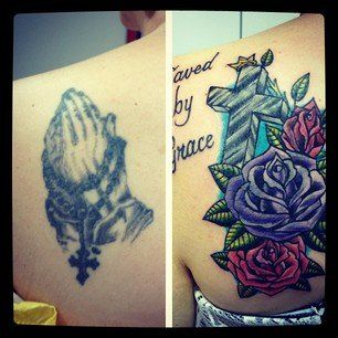 Before and after tattoo cover-up: praying hands replaced with a cross, roses, and