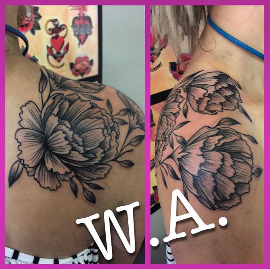 Two peony flower tattoos on a person's shoulder and back. Black ink.
