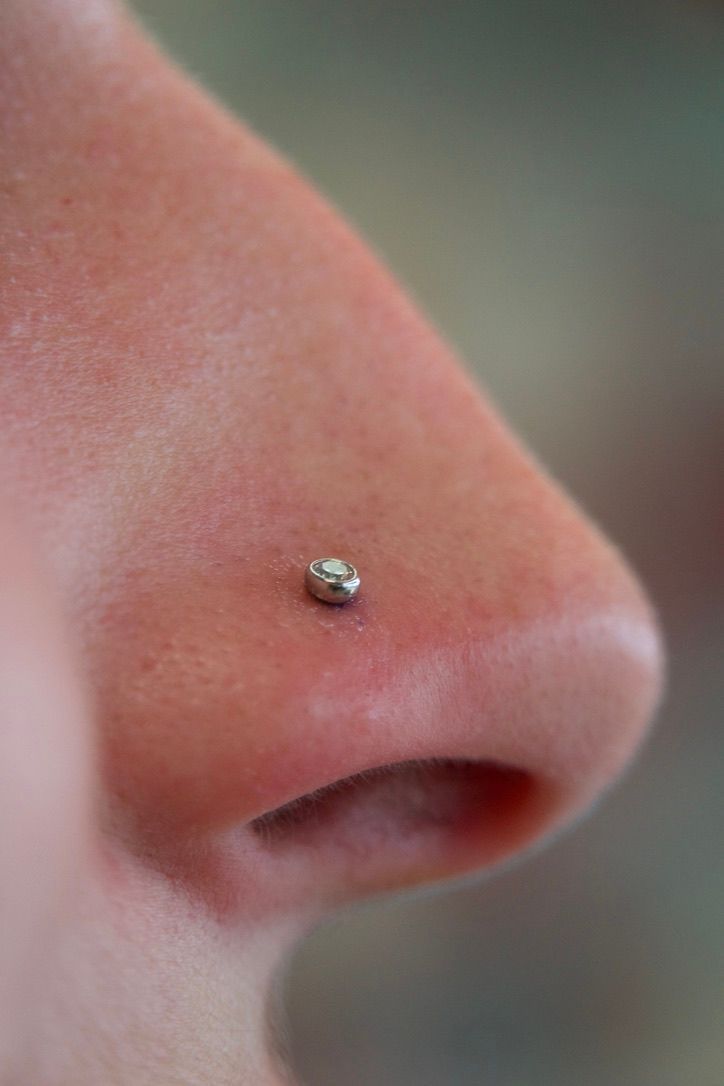 Close-up of a person's nose with a small silver nose stud piercing.