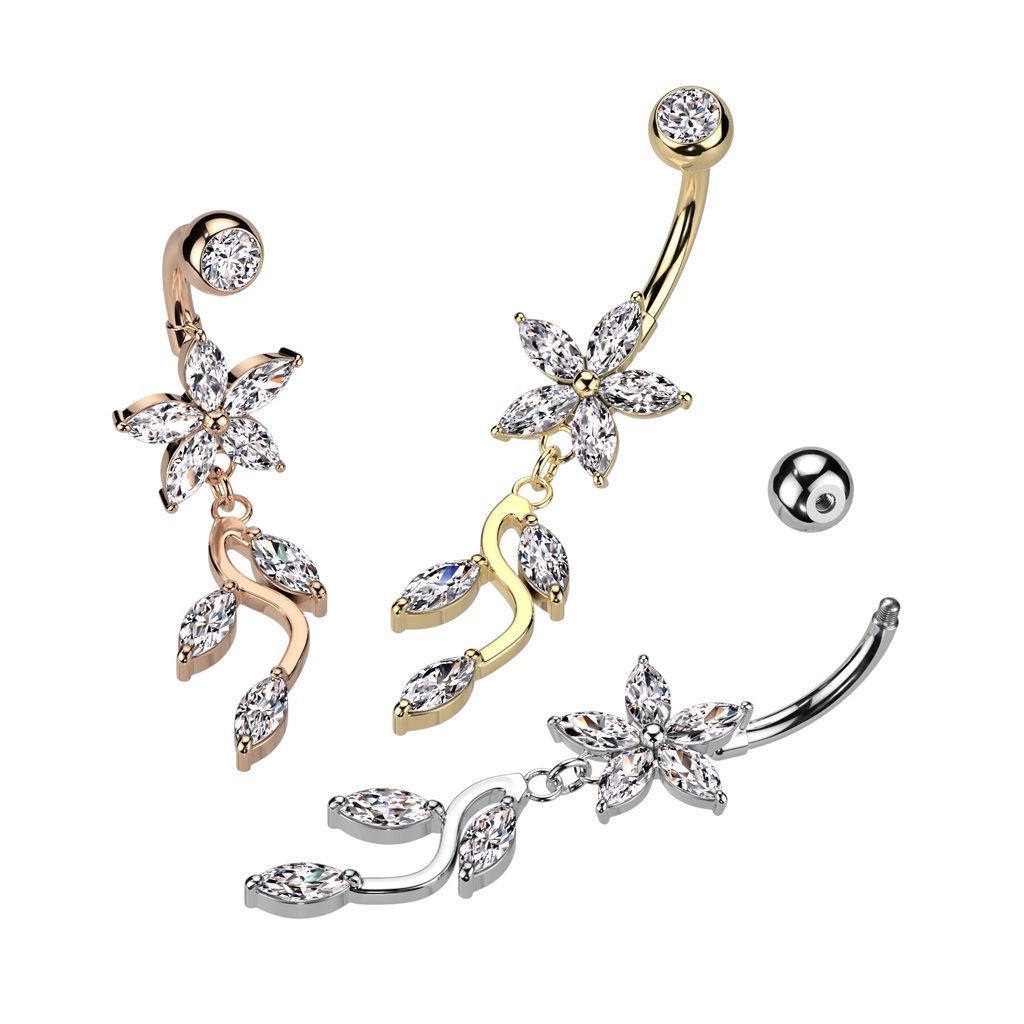 Three belly button rings: gold, rose gold, and silver, each with dangling floral and leaf accents, and a loose ball.