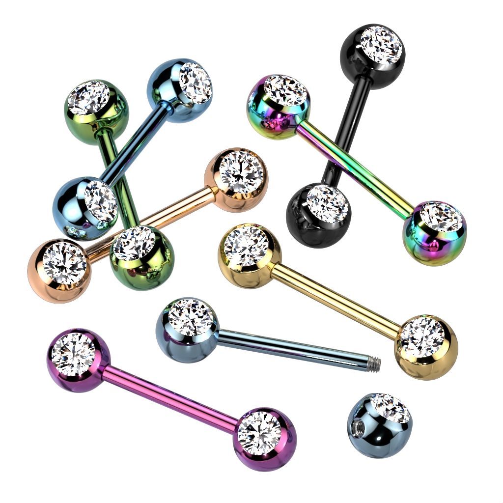Jewelry: Colorful barbell tongue rings with clear crystal ends.