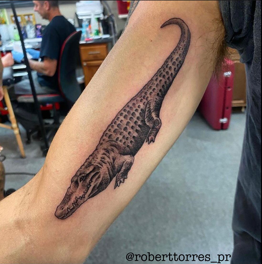 Tattoo of a detailed crocodile on a person's forearm, inked in black and grey.