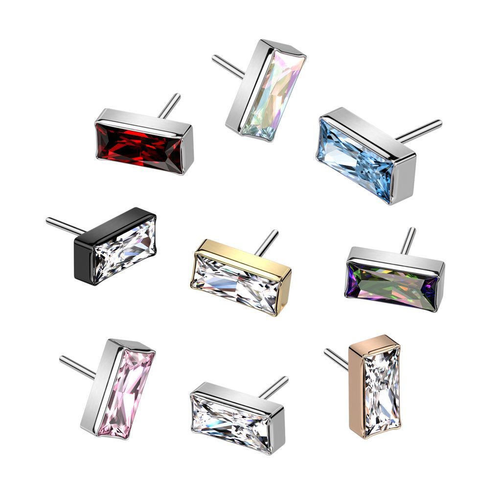 Nine rectangular stud earrings in various colors: red, iridescent, blue, black, gold, purple, pink, silver, and rose gold.