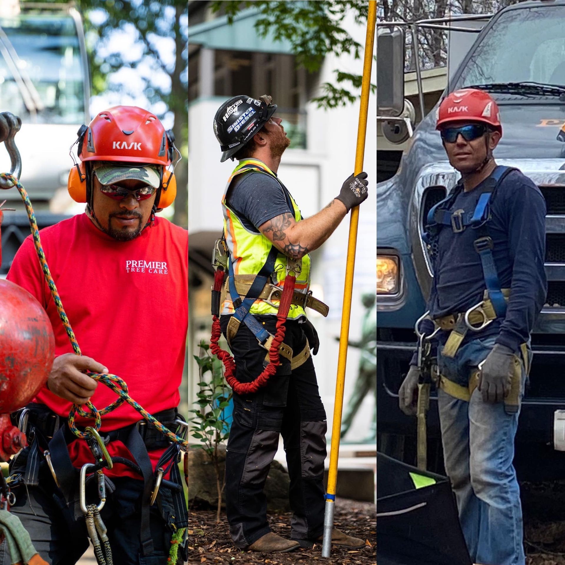 Workers in safety gear using ropes and poles during outdoor utility maintenance
