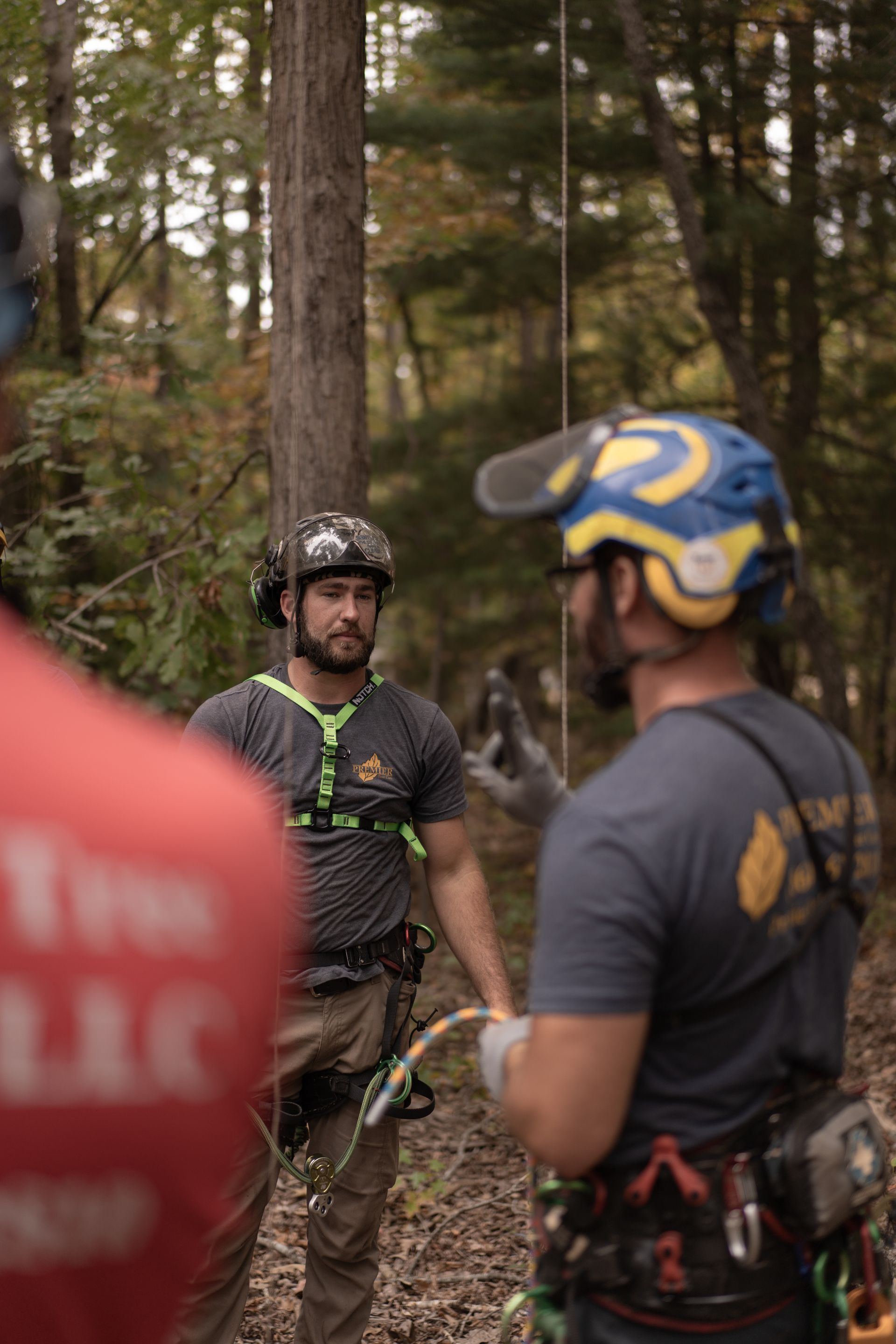 Two mountain bikers in helmets talking on a forest trail, one holding a bike.