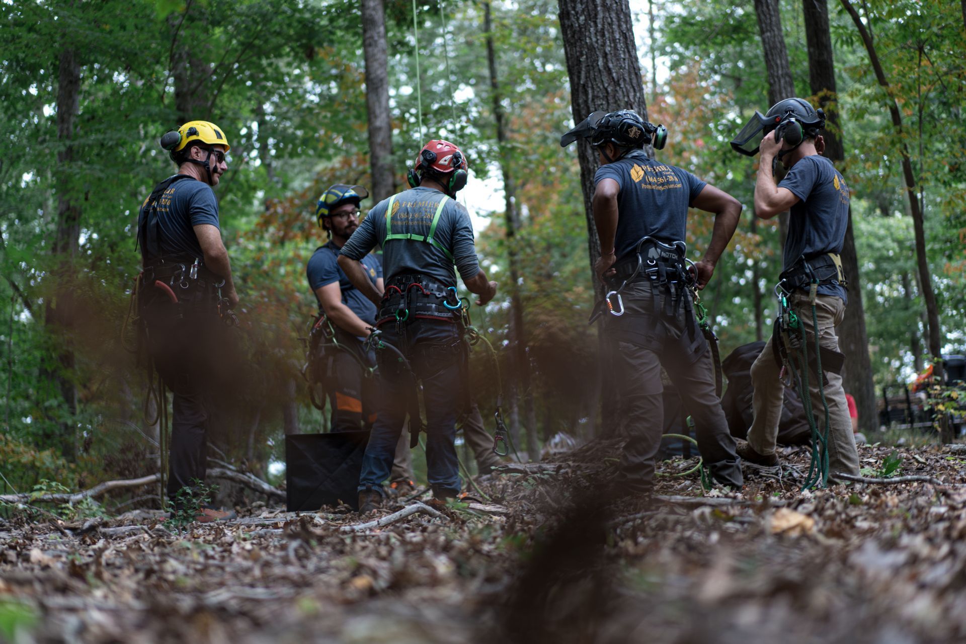 Hikers with helmets and backpacks stand in a forest, gathered around a guide.