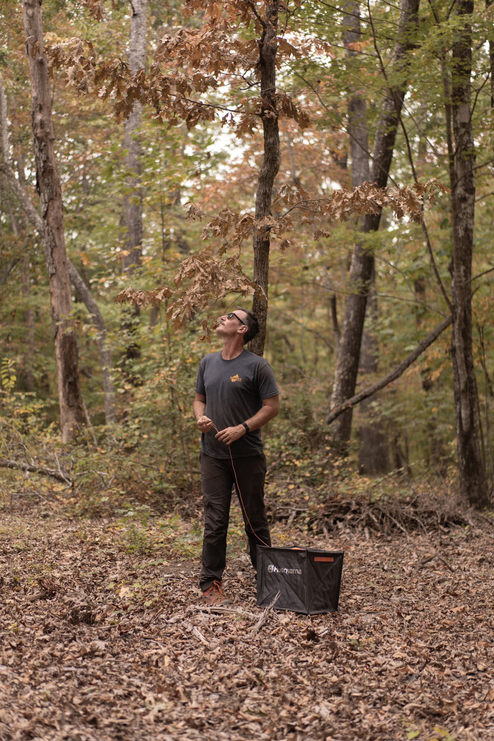 Person standing in a wooded area beside a black crate, looking up at the trees.