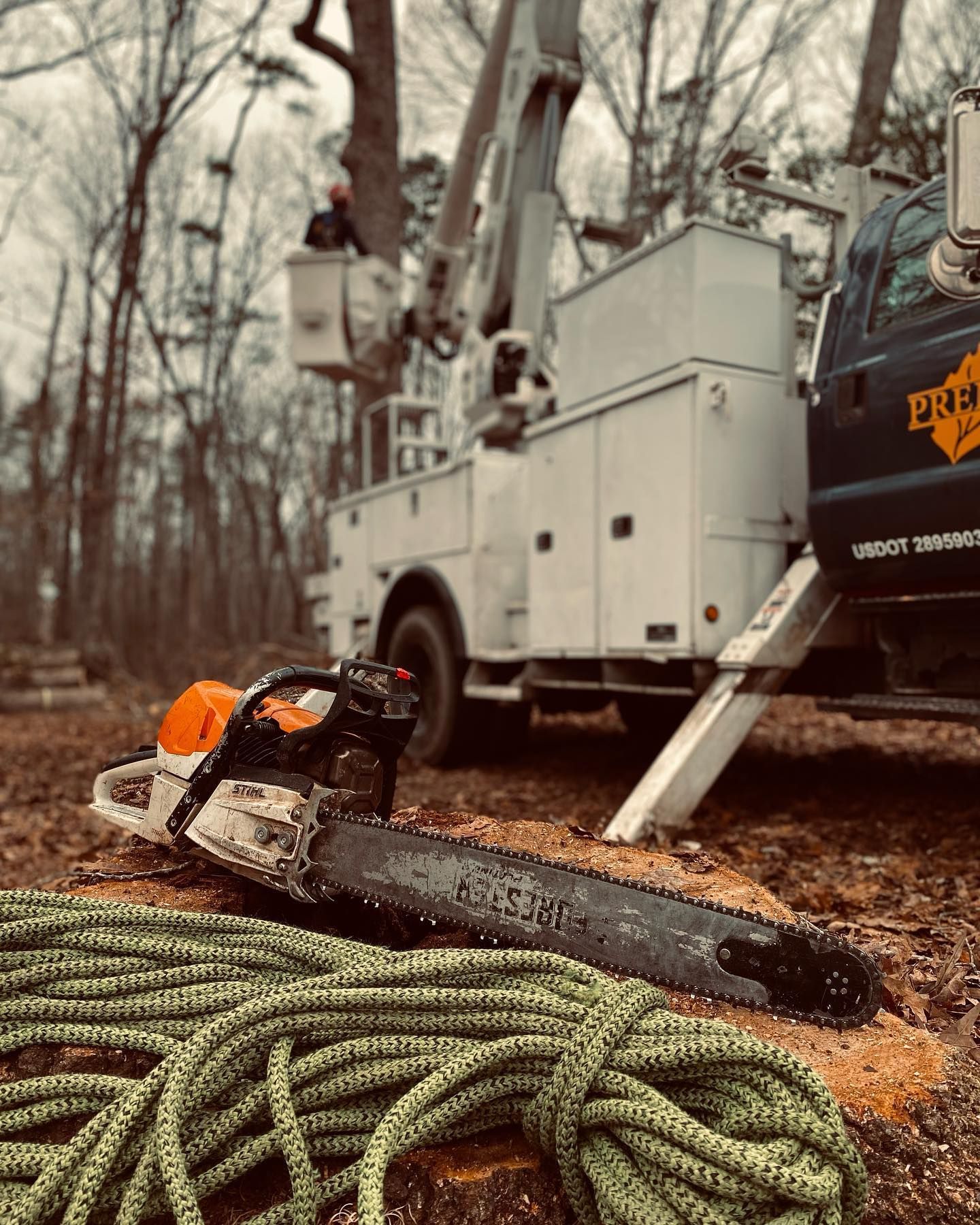 Chainsaw on rope beside a utility truck in a wooded area